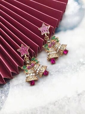 Gold-tone Pink Star & Bell Drop Earrings